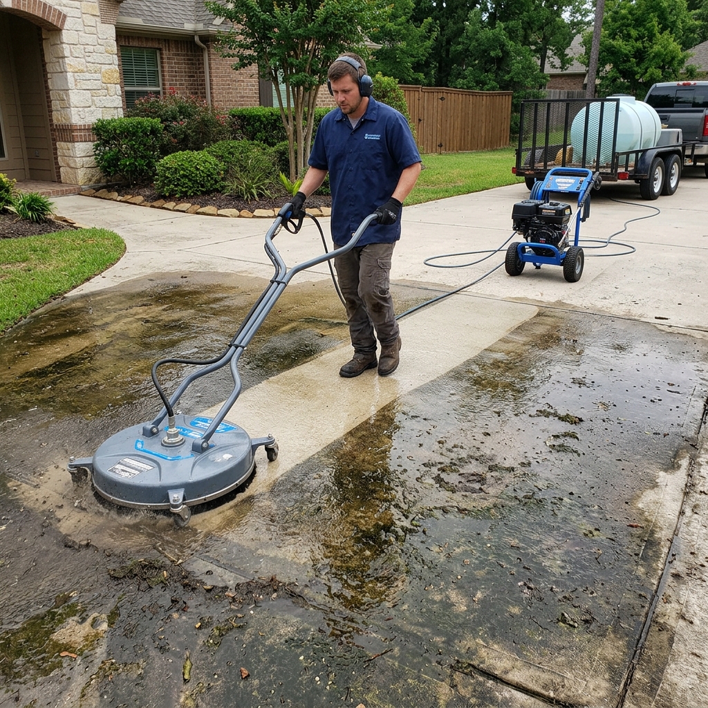 Pressure washing a concrete surface