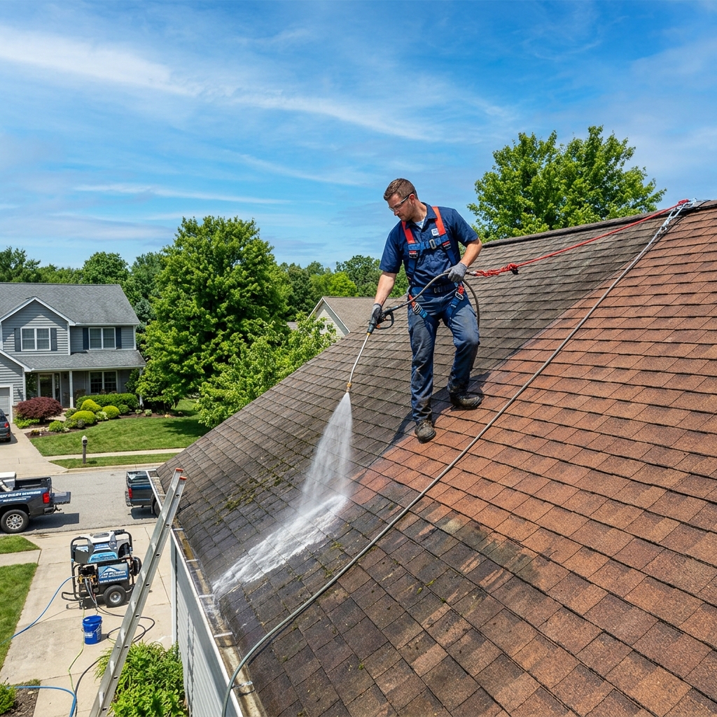 Pressure washing a tile roof